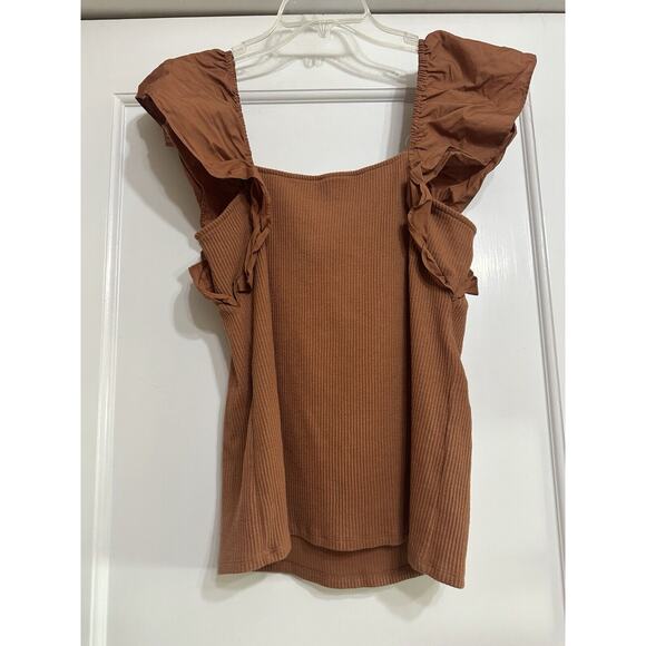 A New Day Ruffle Sleeve Ribbed Tank, Brown, Elastic Hem, Stretch, XL - Picture 8 of 10
